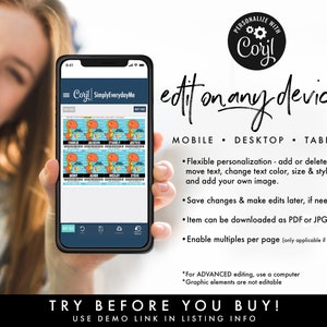 May include: A mobile phone screen displaying a digital template for a dinosaur-themed party favor tag. The template is customizable and can be edited on any device. The text on the screen reads "Coril SimplyEverydayMe".