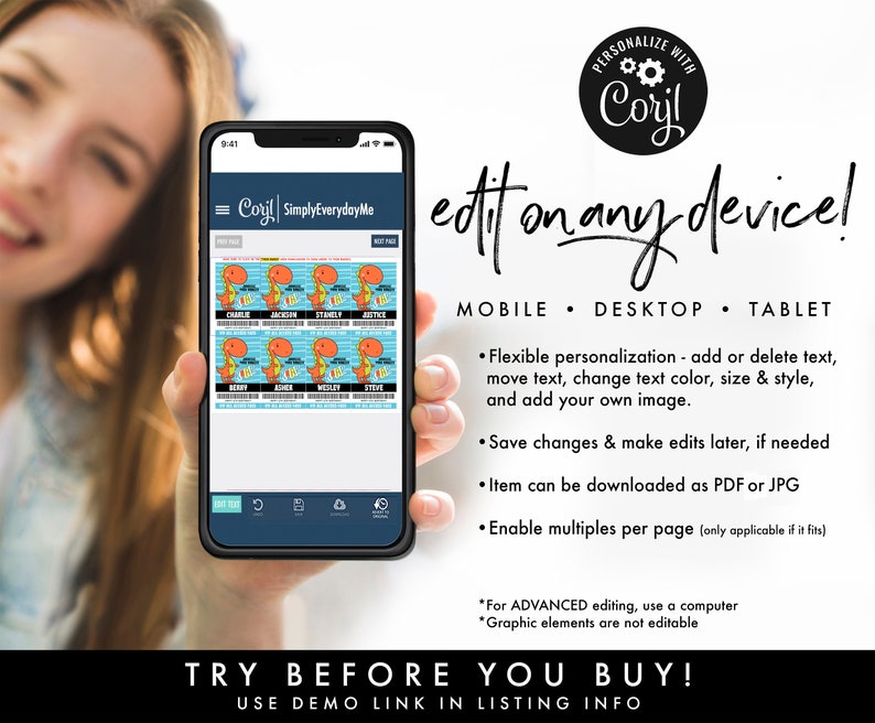 May include: A mobile phone screen displaying a digital template for a dinosaur-themed party favor tag. The template is customizable and can be edited on any device. The text on the screen reads "Coril SimplyEverydayMe".
