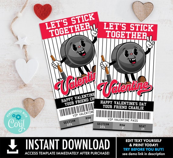 Hockey Valentine, Retro Hockey Kids Class Valentine, School Valentine | Self-Edit with CORJL - INSTANT Download Printable