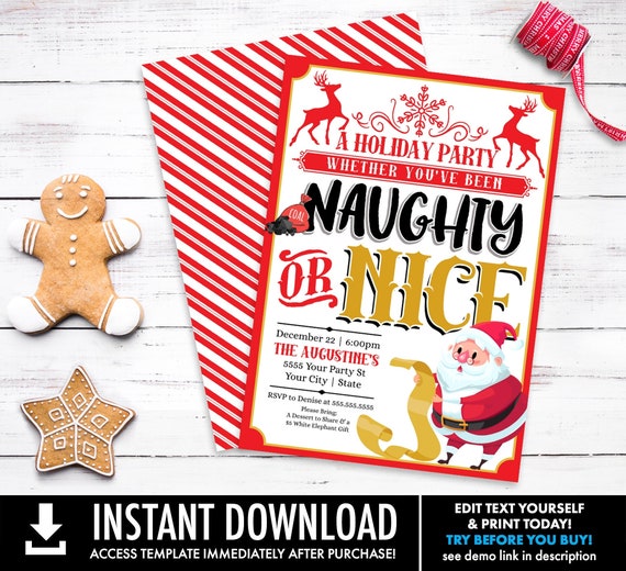 Christmas Naughty or Nice Party Invitation, Christmas Party Invitation, Holiday Party | Self-Edit with CORJL - INSTANT DOWNLOAD Printable