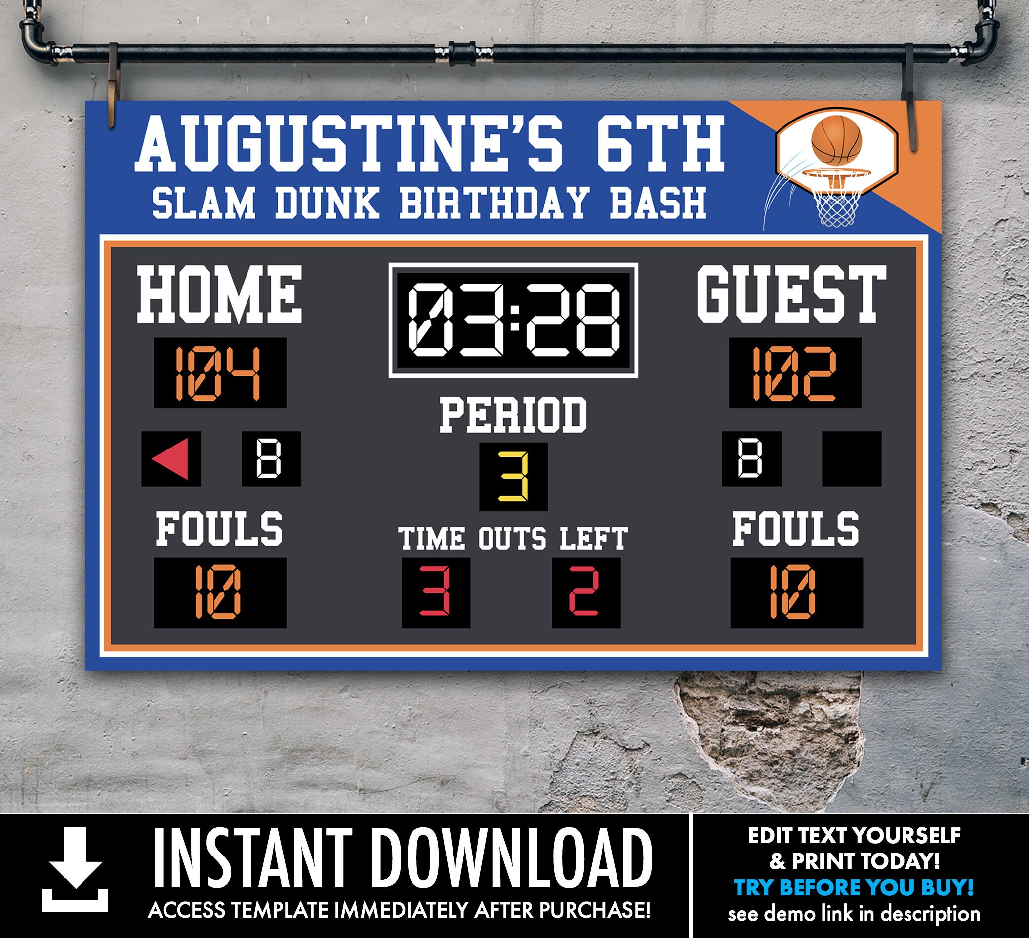 Basketball Scoreboard Printable 36x24 Poster Scoreboard Sign 