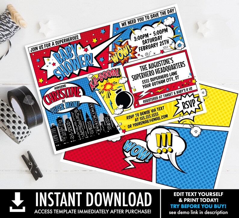 Superhero Baby Shower Invitation Superhero Shower Comic Etsy