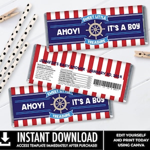Opakowanie na batonik w stylu marynistycznym, upominek w stylu marynistycznym, etykiety na tabliczki czekolady, marynistyczny baby shower | Samodzielna edycja w CORJL – natychmiastowe pobranie do druku