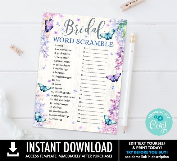Bridal Shower Word Scramble Game, Butterfly Bridal Shower Game, Butterfly & Flowers | Self-Edit with CORJL - INSTANT Instant Printable