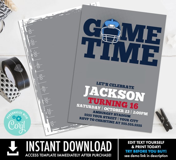 Football Party Invitation - It's Game Time, Football Invitation,Tailgate Invite | Self-Edit with CORJL - INSTANT DOWNLOAD Printable Template