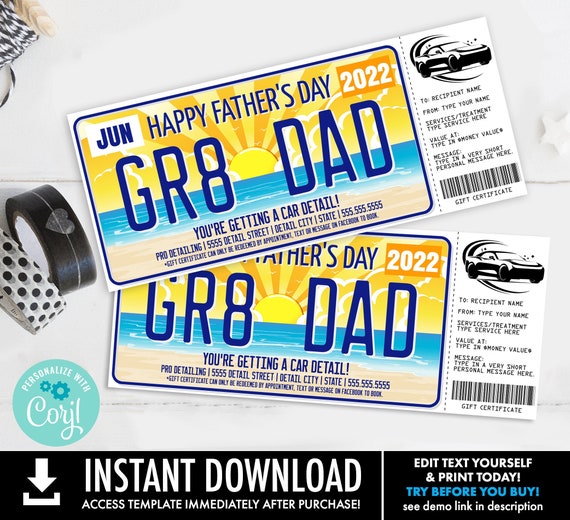 Father's Day Car Detailing Gift Certificate,License Plate Car Detail Surprise Gift Voucher | Self-Edit with CORJL-INSTANT DOWNLOAD Printable