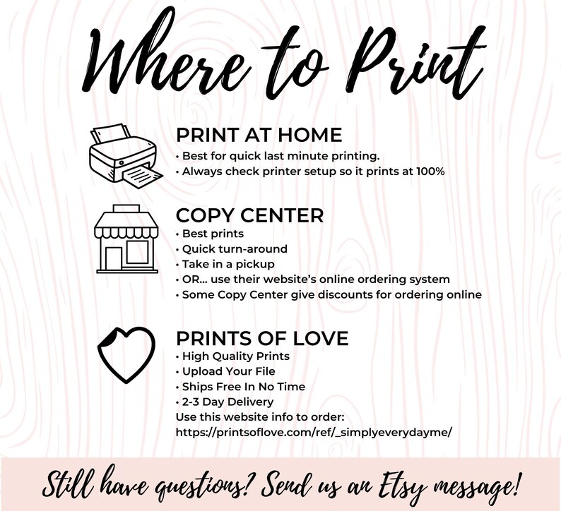 May include: A graphic with the text "Where to Print" and lists three options for printing: Print at Home, Copy Center, and Prints of Love. Each option has a corresponding icon and a list of bullet points describing the benefits of each option.