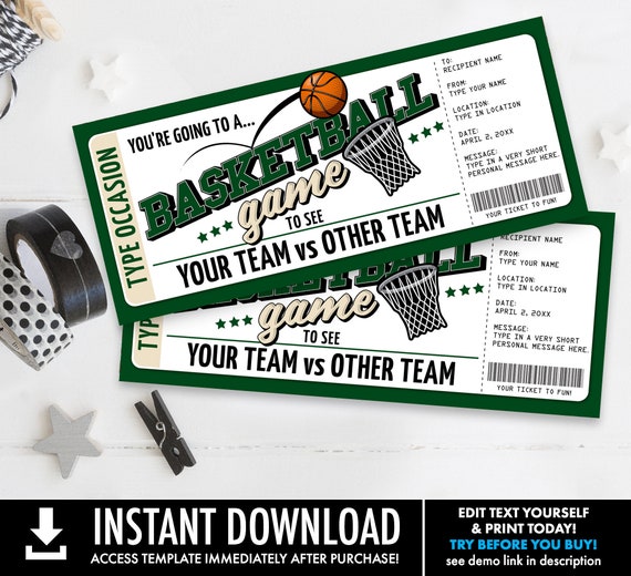 Basketball Ticket Gift Editable Template - Surprise Basketball Game Ticket, Any Occasion | Self-Edit with CORJL - INSTANT DOWNLOAD Printable