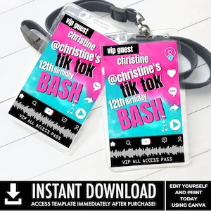 Social Media Party VIP Badge - Video Party, Dance Party, All Access Pass, Video Party | Edit on CANVA - INSTANT Download Printable Template