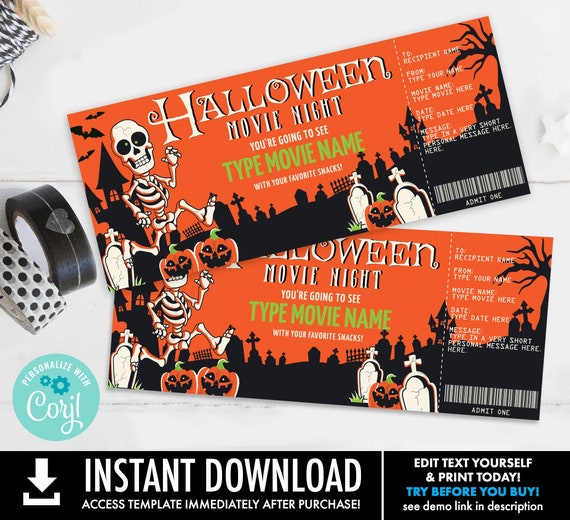 Halloween Movie Night Ticket, Gift Certificate, Movie Ticket, Surprise Ticket | Self-Edit with CORJL - INSTANT DOWNLOAD Printable