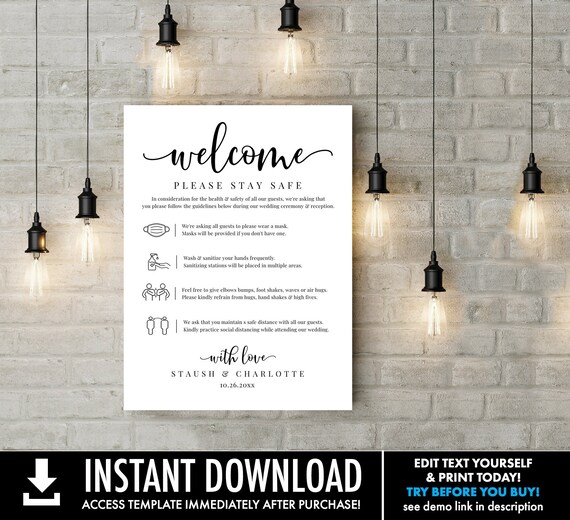 Wedding Social Distancing Poster/Sign, Covid Guidelines,Editable Wedding Safety Sign | Edit Yourself with CORJL - INSTANT DOWNLOAD Printable Il_570xn