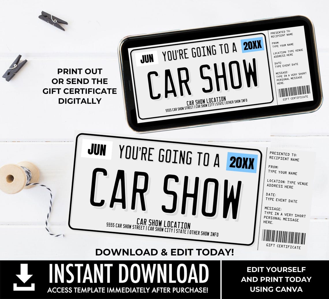 Car Show Gift Certificate, License Plate Car Show Surprise Gift Voucher ...