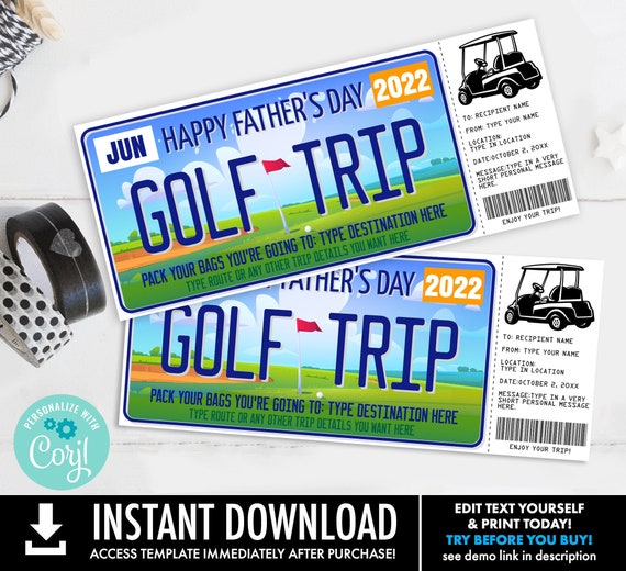 Father's Day Golfing Gift Certificate, Golf Trip, License Plate Surprise Gift Voucher | Self-Edit with CORJL-INSTANT DOWNLOAD Printable