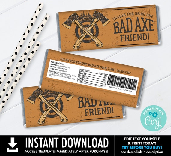 Axe Throwing Candy Label, Bad Axe Candy Wrap, Party Favor, Shower Favor | You Personalize using CORJL–INSTANT DOWNLOAD Printable