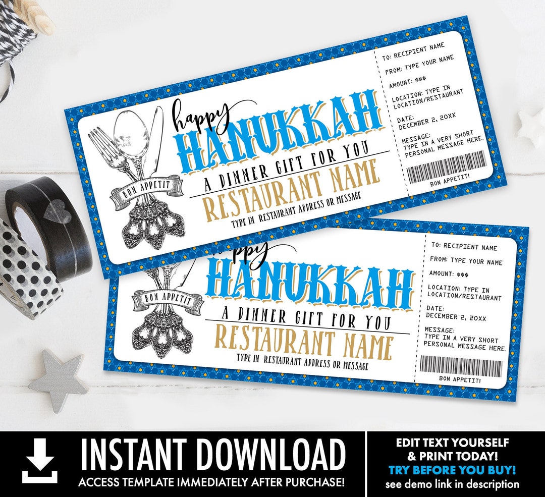 Hanukkah Restaurant Gift Voucher, Dinner Gift, Gift Certificate, Gift ...