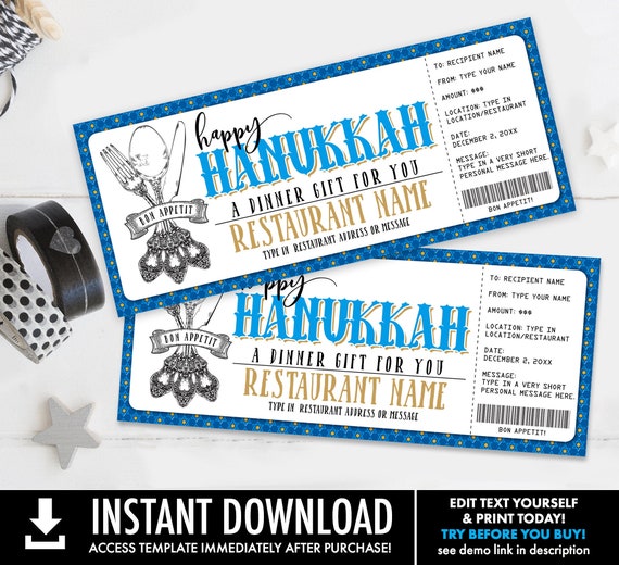 Hanukkah Restaurant Gift Voucher, Dinner Gift, Gift Certificate, Gift of a Night Out | Self-Edit with CORJL - INSTANT DOWNLOAD Printable