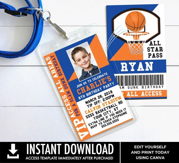 Basketball VIP ID Badge Invitation - Photo Basketball Invite Badge,All Star-2 Sizes | Edit with CANVA - Instant Download Printable