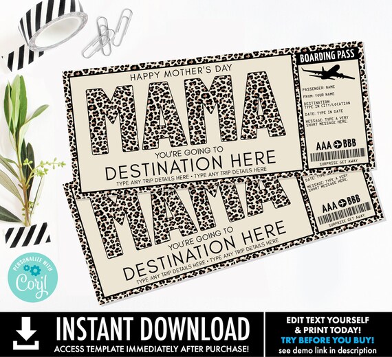 MAMA Mother's Day Boarding Pass,Mom Surprise Trip Voucher,Vacation Gift Certificate | Personalize using CORJL–INSTANT Download Printable