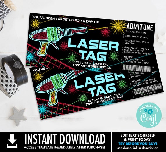 Laser Tag Gift Certificate, Laser Tag Surprise Gift Voucher, Arcade Voucher | Self-Edit with CORJL - INSTANT DOWNLOAD Printable Template