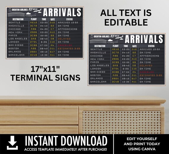 Airplane Party 11x17 Poster, Departure & Arrivals, 2 Poster/Sign SET, Airport Terminal | Edit using CANVA - INSTANT Download Printable