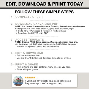 May include: An instructional graphic with black text on a white background titled EDIT, DOWNLOAD & PRINT TODAY. It outlines five steps for accessing a Canva template, including downloading a PDF, creating an account, and printing the final design.
