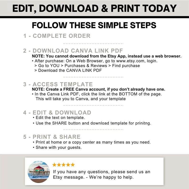 May include: An instructional graphic with black text on a white background titled EDIT, DOWNLOAD & PRINT TODAY. It outlines five steps for accessing a Canva template, including downloading a PDF, creating an account, and printing the final design.