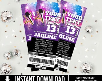 Rockstar Party Ticket-Einladungen fügen IHREN TEXT-Party wie ein Rockstar-Rock n Roll-Geburtstag hinzu Bearbeiten Sie mit CANVA - Instant Download Printable