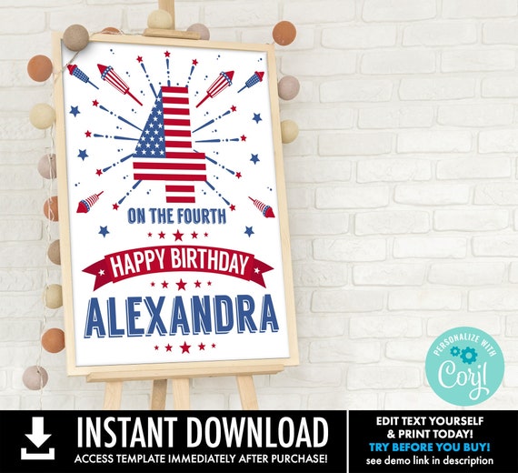 4 on the 4th Of July Birthday Sign - Fourth Birthday Sign - Four on the Fourth Birthday | Self-Edit with CORJL - INSTANT Download Printable