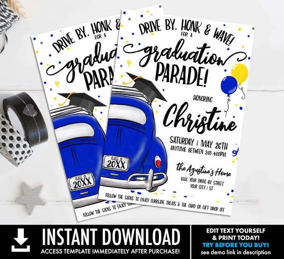 Drive By Graduation Invitation-Drive By Parade,Quarantine,Social Distancing | Self-Edit with CORJL - INSTANT DOWNLOAD Printable Template Il_570xn