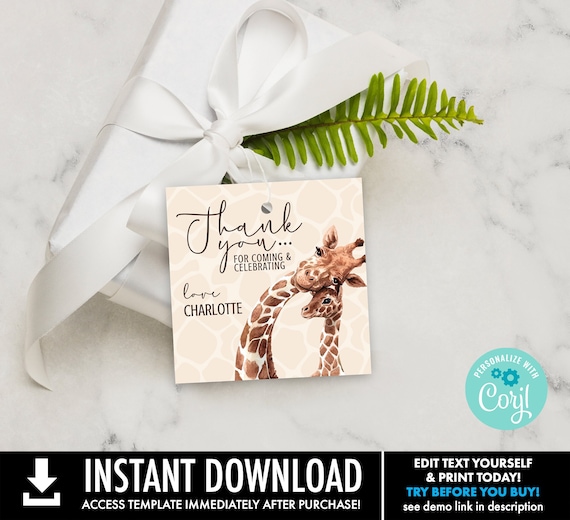 Giraffe Baby Shower Favor Tag, Party Favor Tag | Self-Edit with CORJL - Instant DOWNLOAD Printable