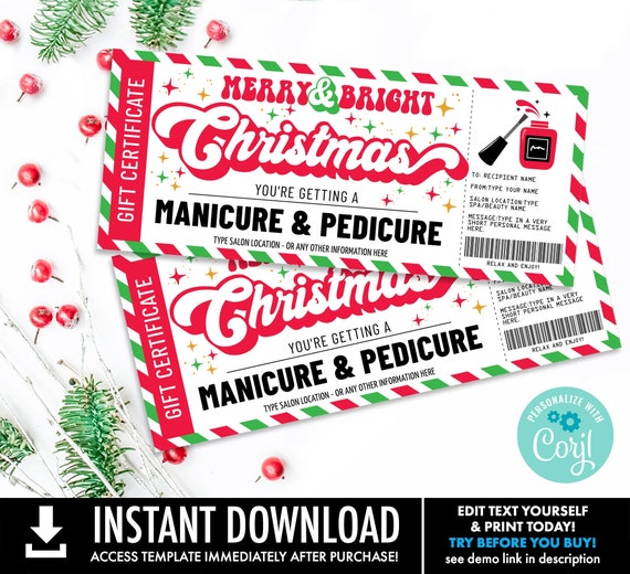 Christmas Manicure Pedicure Gift Certificate, Mani Pedi Gift Voucher,Merry & Bright | Self-Edit with CORJL-INSTANT DOWNLOAD Printable