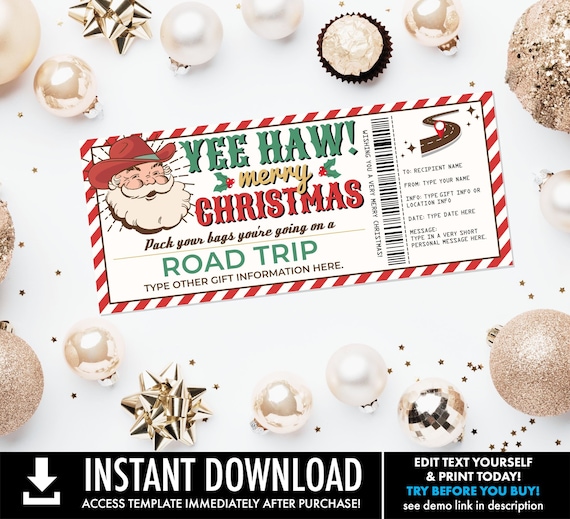 Western Santa Christmas Road Trip Surprise Ticket Gift Voucher, Road Trip Holiday Vacation | You Personalize CORJL–INSTANT DOWNLOAD