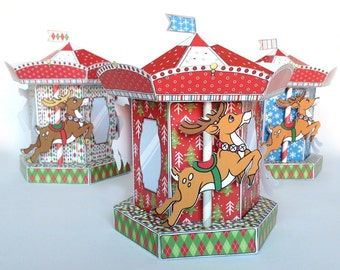 May include: Three red, white, and green paper Christmas carousel favors with reindeer and candy cane designs. Each carousel has a window and a flag on top.