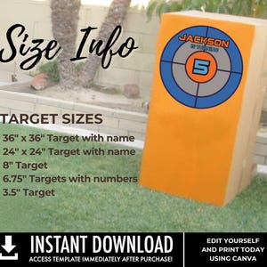 May include: A printable target game template for a birthday party. The template features a target with a bullseye and the text "Jackson is turning 5". The template also includes a list of target sizes in inches, including 36" x 36", 24" x 24", 8", 6.75", and 3.5".