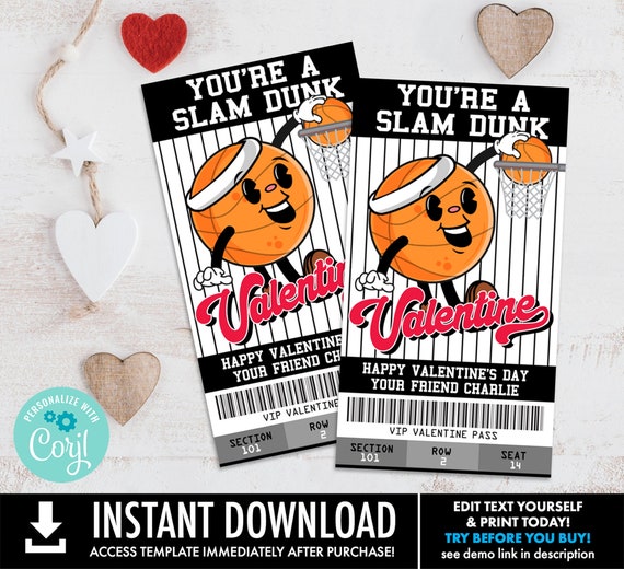 Basketball Valentine, Retro Basketball Kids Class Valentine, School Valentine | Self-Edit with CORJL - INSTANT Download Printable