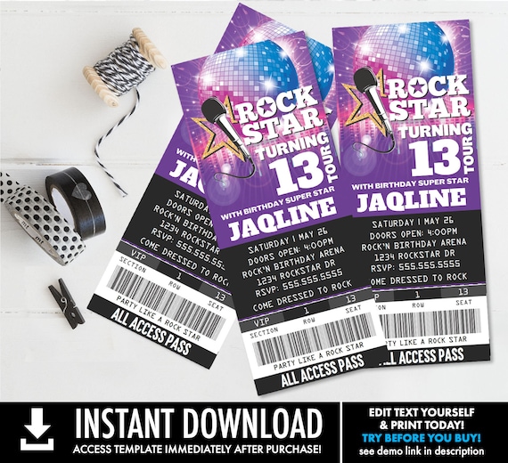Rockstar Party Ticket Invitations - Party like a Rockstar- Rock n Roll Birthday | Self-Edit with CORJL - INSTANT DOWNLOAD Printable Template Il_570xn