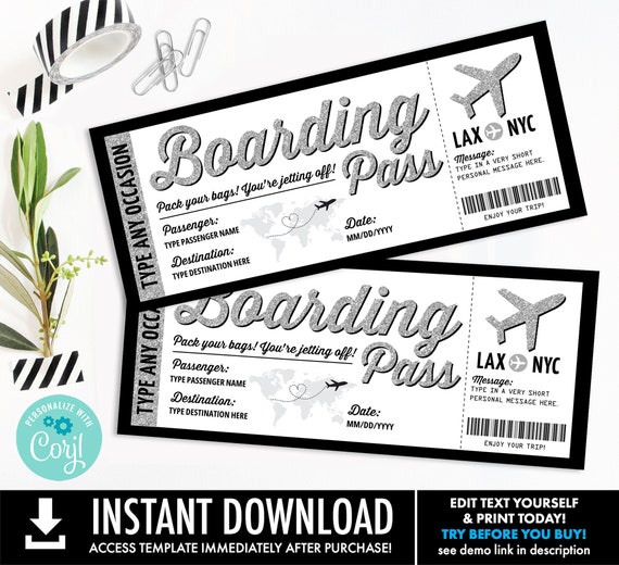 Boarding Pass Template - Surprise Fake Airline Ticket,Airplane Flight Destination | Personalize using CORJL - INSTANT DOWNLOAD Printable