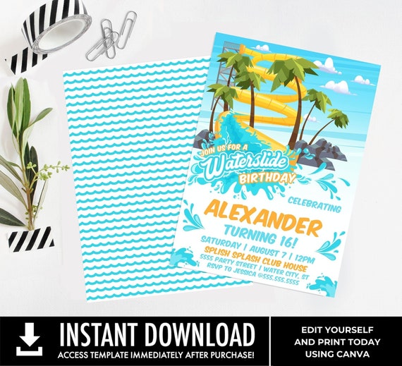 Waterslide Party Invitation - Waterpark Invite,Water Park Party,Pool Party | Edit Text using CANVA-INSTANT DOWNLOAD Printable Template