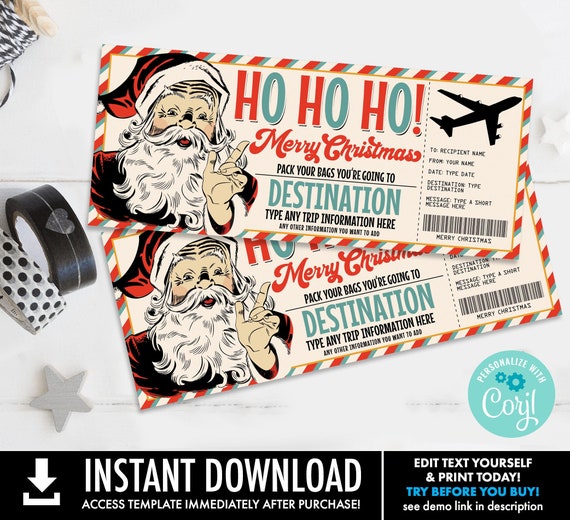 Christmas Boarding Pass Gift Certificate, Vacation Gift Voucher, Plane Ticket Gift | You Persoanlize with CORJL-INSTANT Download Printable