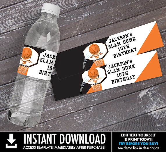 Basketball Water Bottle Label/Wrap - Basketball Party, Basketball Birthday, Slam Dunk | Self-Edit with CORJL - INSTANT DOWNLOAD Printable Il_570xn