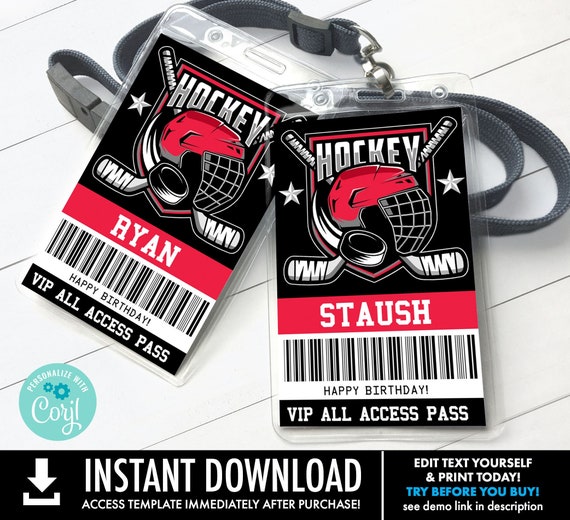 Hockey VIP Badge - Hockey All Access Pass - Hockey Badge, ID Badge | Self-Edit with CORJL - Instant Download Printable