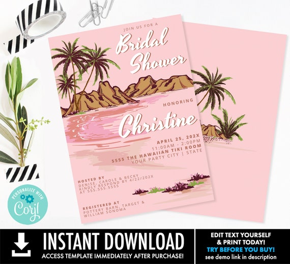 Editable Retro Hawaiian Luau Bridal Shower Invite, Retro Bridal Shower Invite | You Personalize using CORJL-INSTANT DOWNLOAD Printable