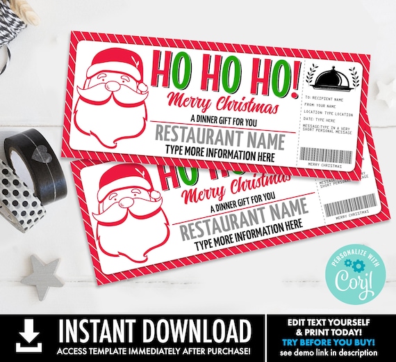 Santa Restaurant Gift Voucher, Dinner Reservations Gift Certificate,Office Gift | Self-Edit with CORJL-INSTANT Download Printable