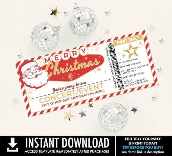 Christmas Concert Ticket Gift,Surprise Concert,Show,Performance,Artist,Gift Certificate | Self-Edit with CORJL - INSTANT DOWNLOAD Printable