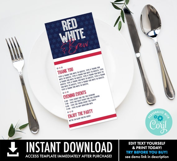 Red White & Brew 4x9 Itinerary/Menu, 4th Of July Program, Menu, Birthday Events | You Personalize using CORJL - INSTANT Download Printable