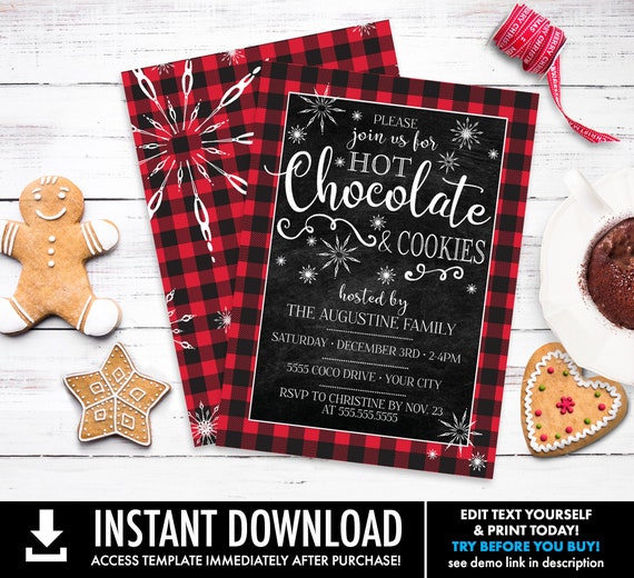 Hot Chocolate & Cookies Invite - Hot Chocolate Bar,Buffalo Plaid,Hot Cocoa and Cookies | Self-Edit with CORJL - INSTANT DOWNLOAD Printable