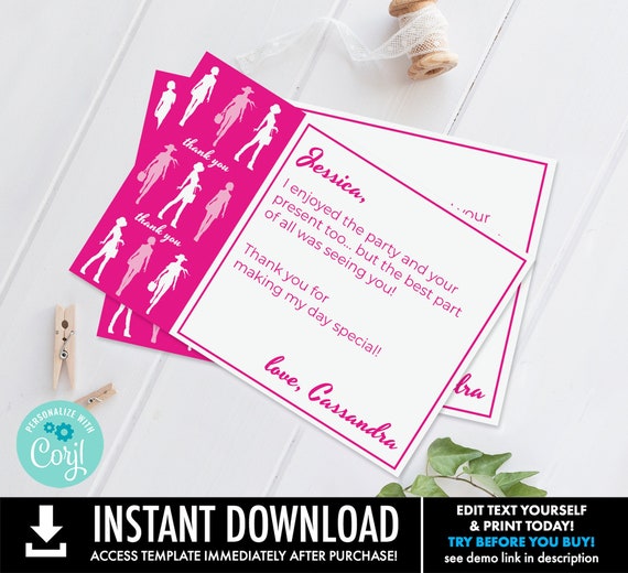 Barb Doll Themed Birthday Hot Pink Thank You Note Cards, Dollies Thank You Notes | You Personalize using CORJL–INSTANT DOWNLOAD Printable