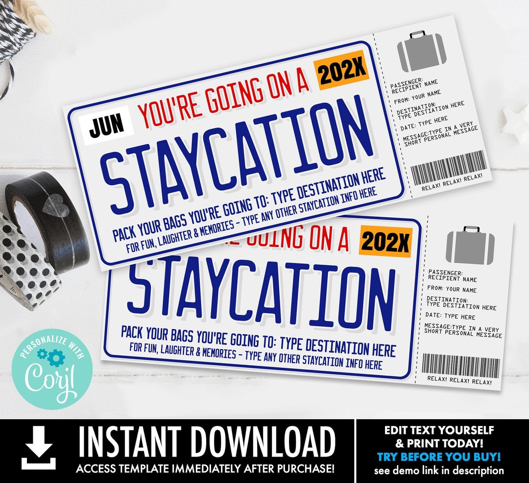 Staycation Surprise Gift Voucher, Staycation Gift Certificate, License Plate, Vacation Self-edit ...