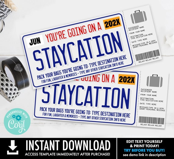 Staycation Surprise Gift Voucher, Staycation Gift Certificate, License Plate, Vacation | Self-Edit with CORJL - INSTANT DOWNLOAD Printable