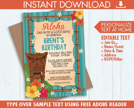 Luau Invitations - Hawaiian Party, Luau Birthday, Luau Shower,Orange & Yellow | You Edit Text - Instant Download Printable Template Il_570xn